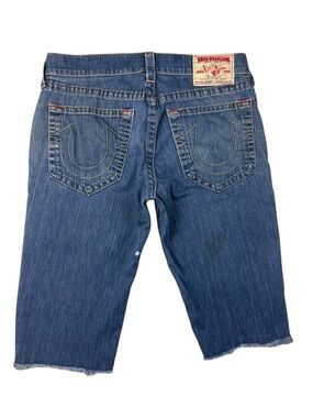 Vintage True Religion Bobby World Tour Blue Denim Cut Off Shorts Sz 34